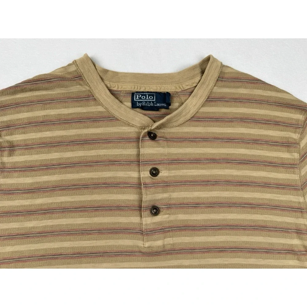 Polo Ralph Lauren Striped Henley T Shirt Tan XXL‎ Short Sleeve Cotton